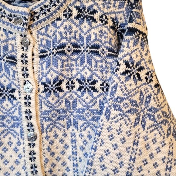 Dale of Norway Blue and White Fair Isle Button Front Pure Wool Sweater Size L - Picture 4 of 9
